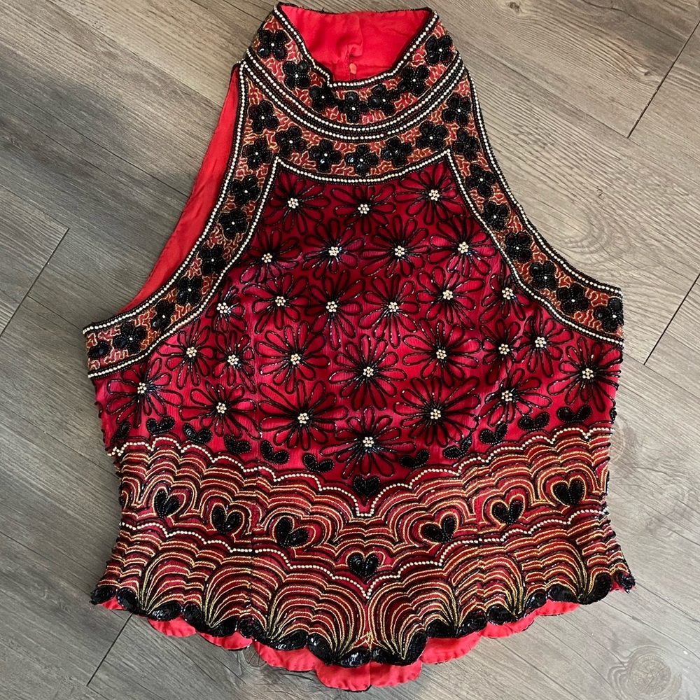 Vintage Papell Boutique Evening Red and Back Beaded All Over Top, size M